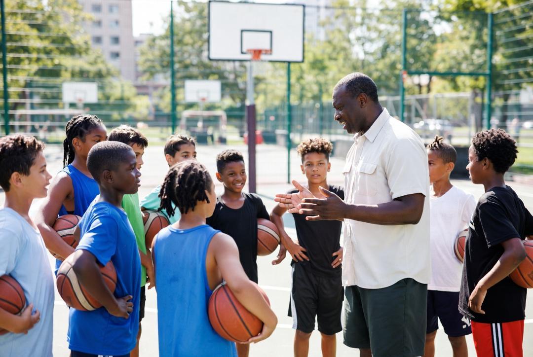 Coach talking with a group of young players