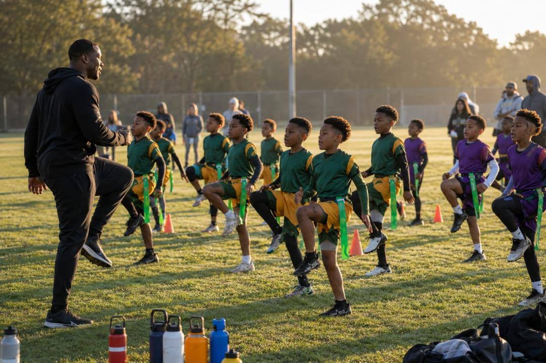 Flag football team warming up