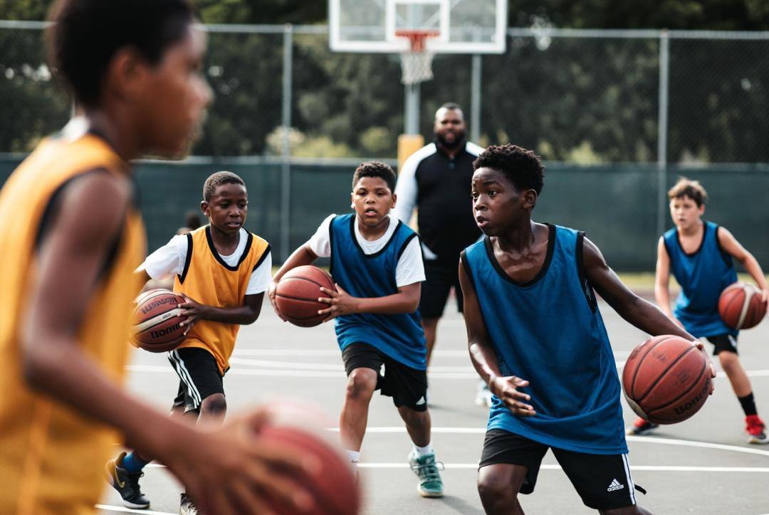 Players dribbling during a drill with their coach